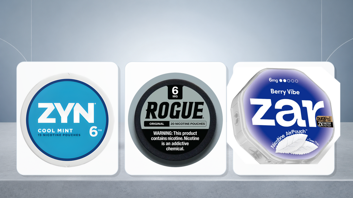 ZYN Cool Mint 6mg, Rogue Original 6mg, and Zar Berry Vibe 6mg comparison