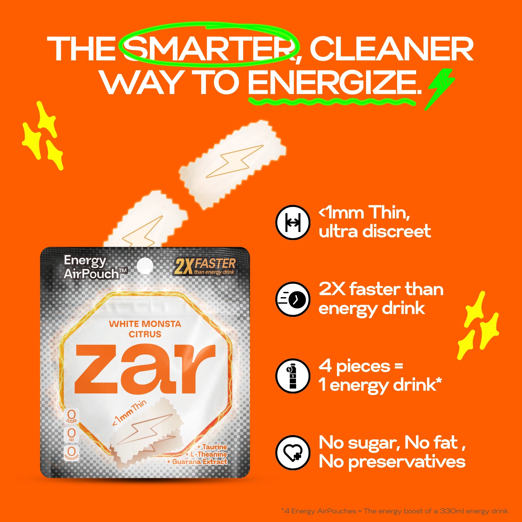 Experience US Caffeine-free, Nicotine-free zar Energy AirPouch  20 energy pouches smarter and cleaner way to energize  🥤