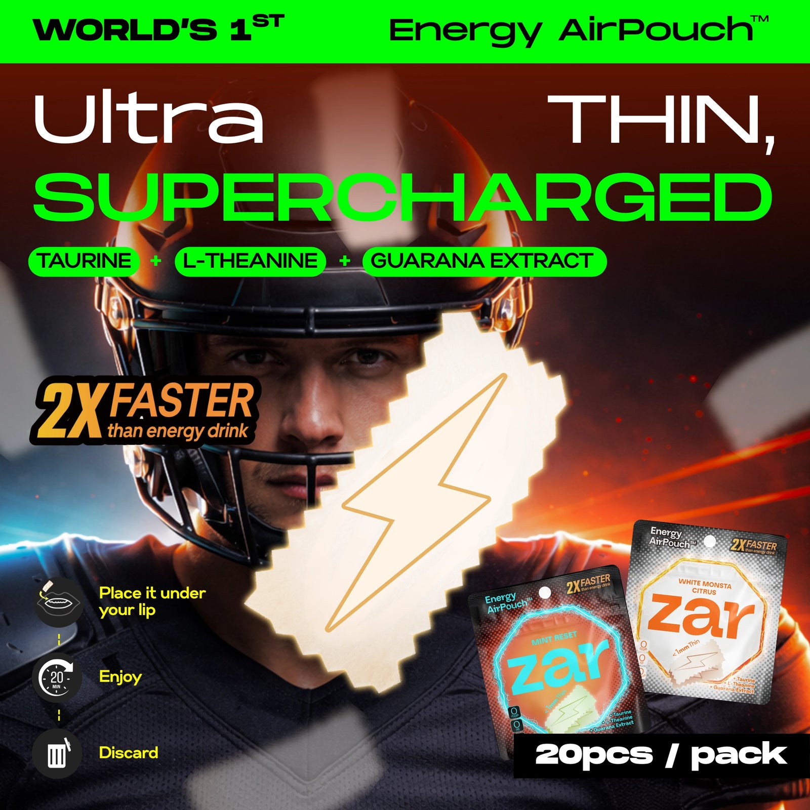 Experience US Caffeine-free, Nicotine-free zar Energy AirPouch  20 energy pouches 2X Faster Activation🥤