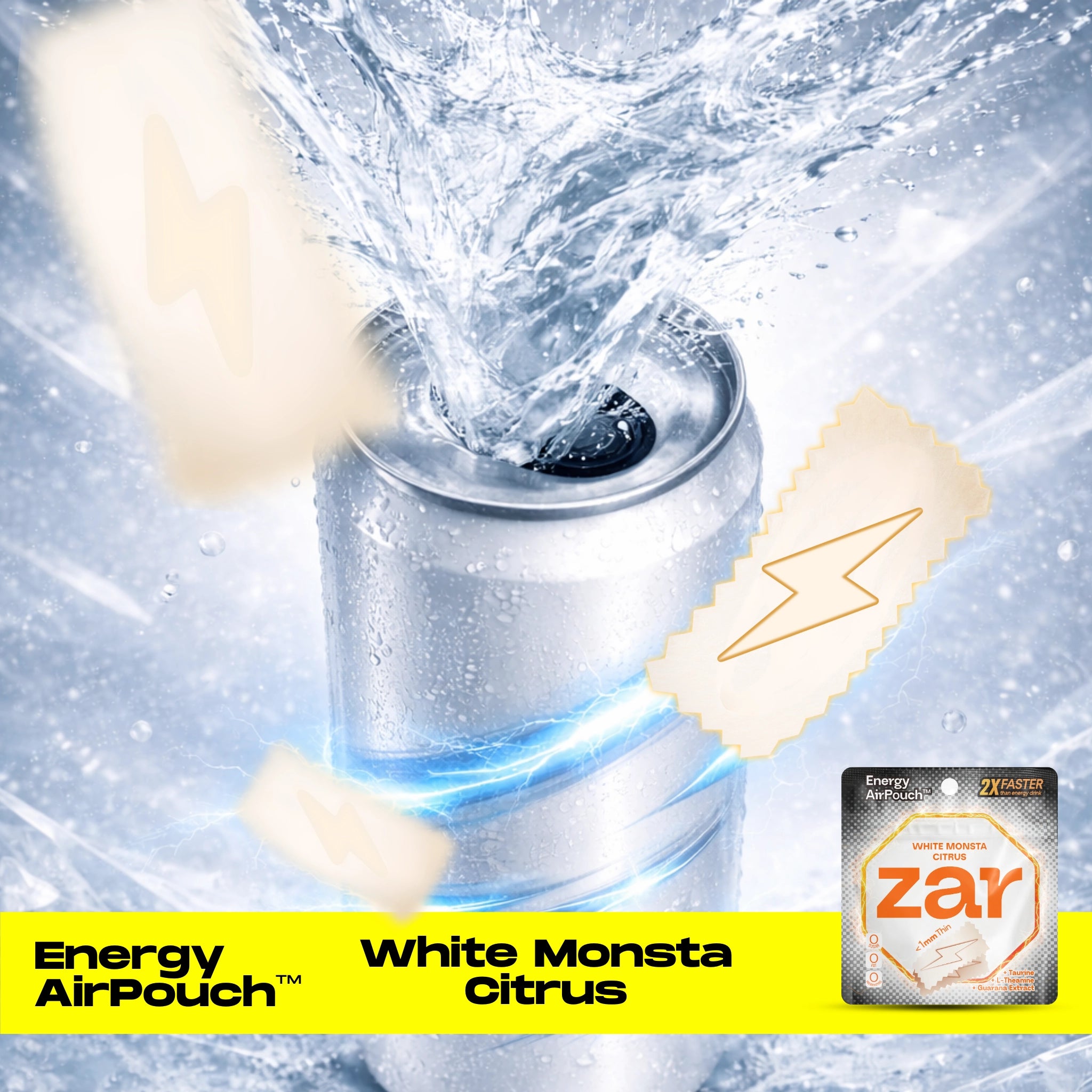 Experience US Caffeine-free, Nicotine-free zar Energy AirPouch White Monsta Citrus Flavor Flavour 20 energy pouches Energy drink alternative  🥤