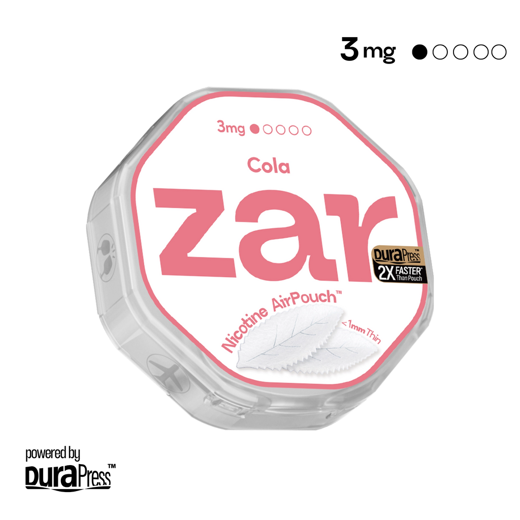 US Try zar Oral Nicotine AirPouch Cola Flavor Fruit Flavour 3mg nicotine strengths 20 pcs per can Price USD 4.9 multi-buy up to 30% discount off nicotine level options zar pouches nicotine strip snus nicotine pouch dosh pouch