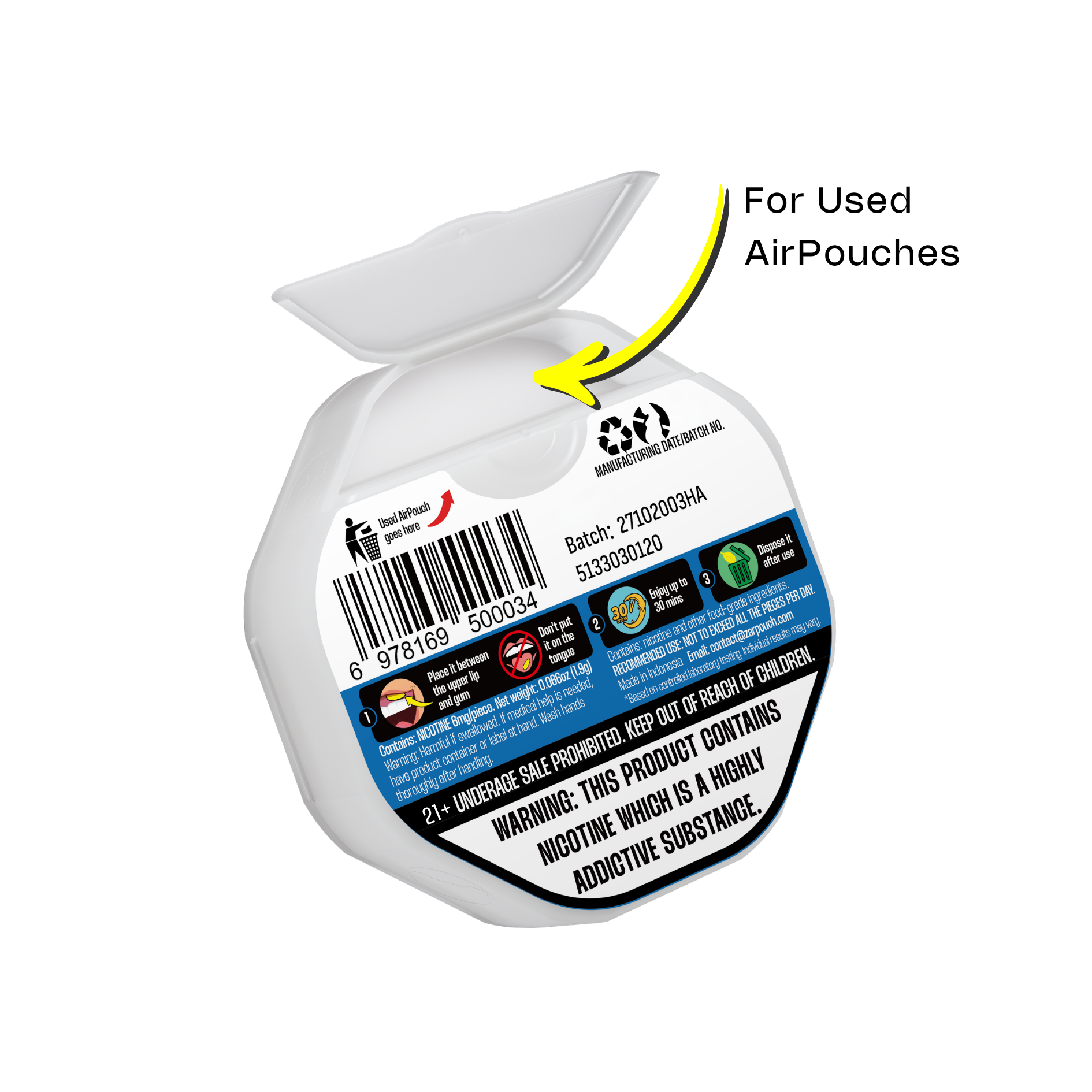 Buy US Nicotine Pouches zar AirPouch 10 flavors bottom of a container 5 nicotine strengths catch lid  