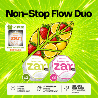  zar product packaging with lemon, strawberry, and green leaf design on a bright green background