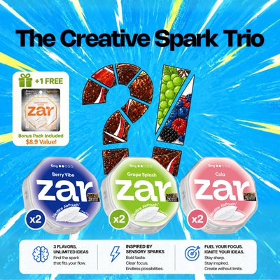 Promotional image of zar products with colorful packaging on a blue background