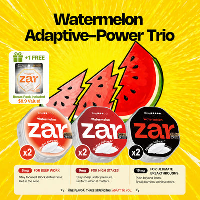 Promotional graphic for Watermelon Adaptive-Power Trio with zar products on a yellow background